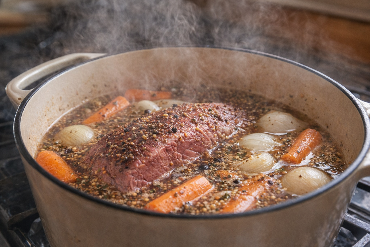 Action shot of corned beef simmering in a dutch oven with carrots and onions, steam rising, visible herbs and spices floating in the liquid